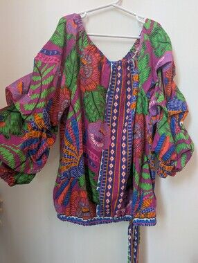 CeCe Linen Blend Off The Shoulder Tropical Blouse, Farm Rio Vibes, Size Small